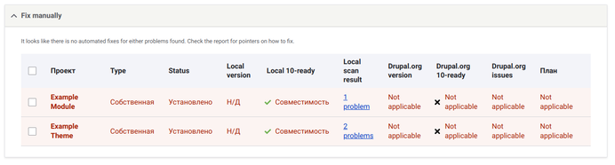 Модули с обнаруженными проблемами Upgrade Status